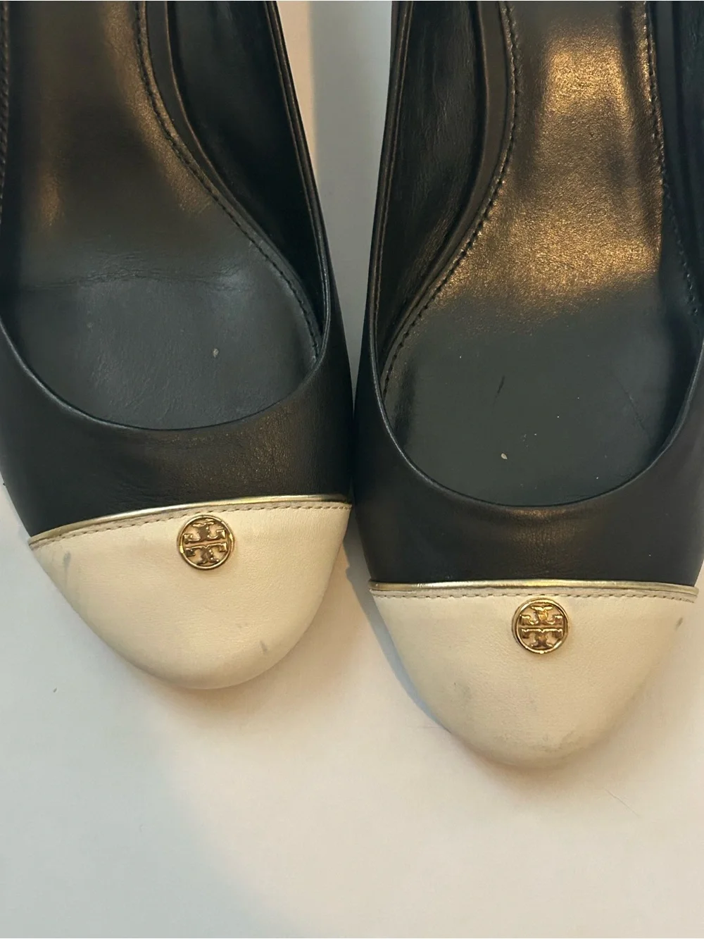 Tory Burch Leather Wedge Classic Black Shoe with Cream Cap Toe Gold Logo Accent